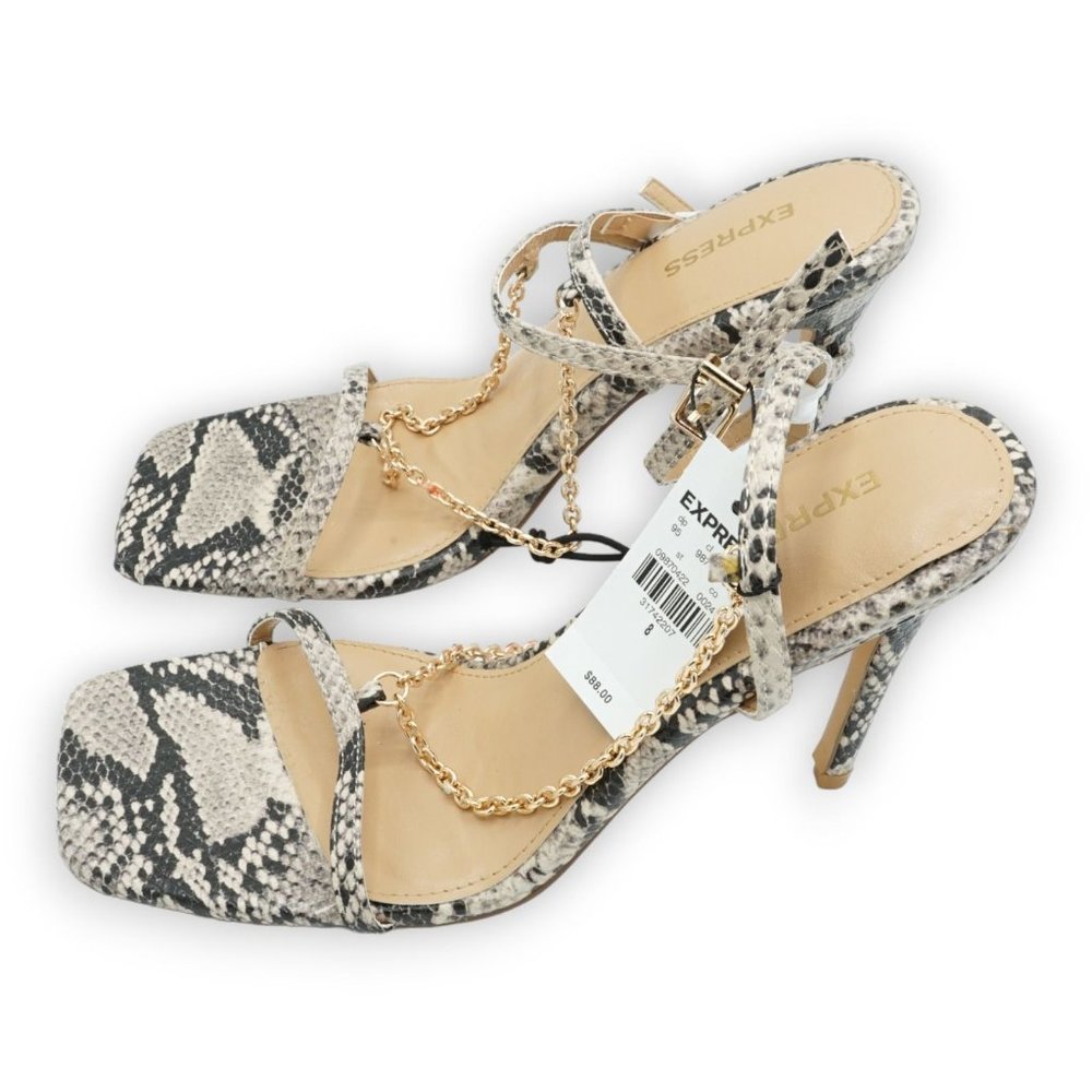 NWT $88 Express Faux Snake Skin Heels Straps Wrap Around Ankle Cream Black Sz 8‎